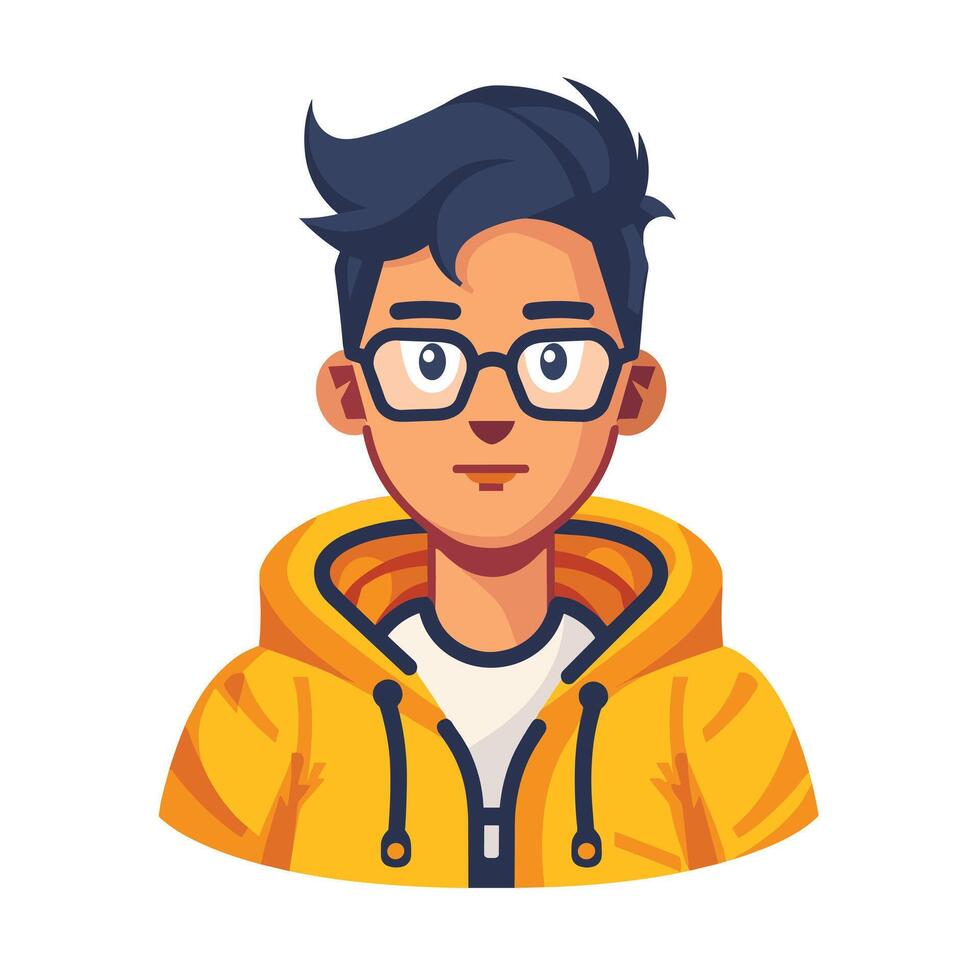 Illustration of a young Asian man with glasses and a yellow hoodie. vector