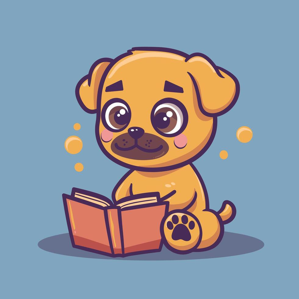 Cute cartoon dog reading a book with big eyes and happy expression in a light blue background. vector