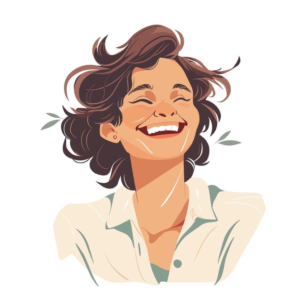 Smiling woman with short, wavy brown hair wearing a white shirt, exuding joy. vector