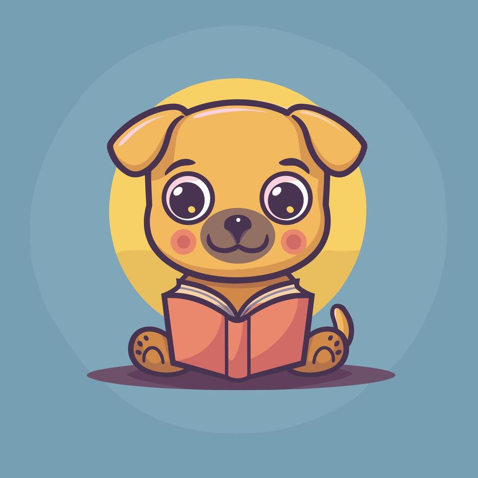 Cute cartoon puppy reading a book, against a blue background with a yellow halo. vector