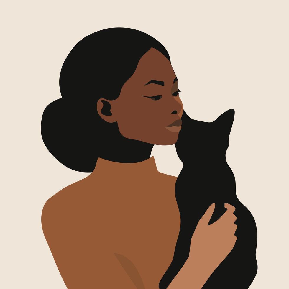 Elegant illustration of a Black woman embracing a black cat, showcasing a serene bond between human and feline on a neutral background. vector