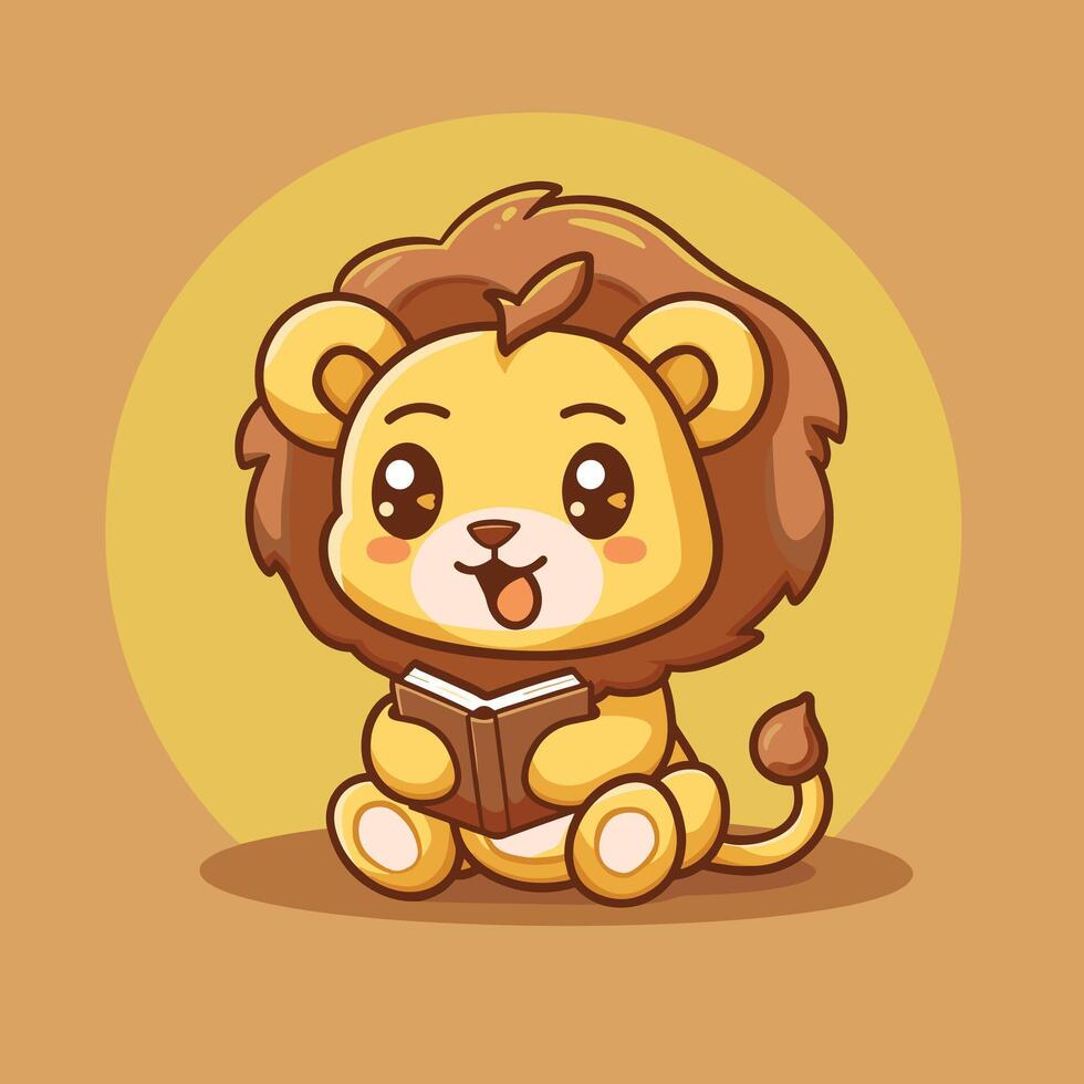 Adorable cartoon lion reading a book with a cheerful expression on a yellow background. vector