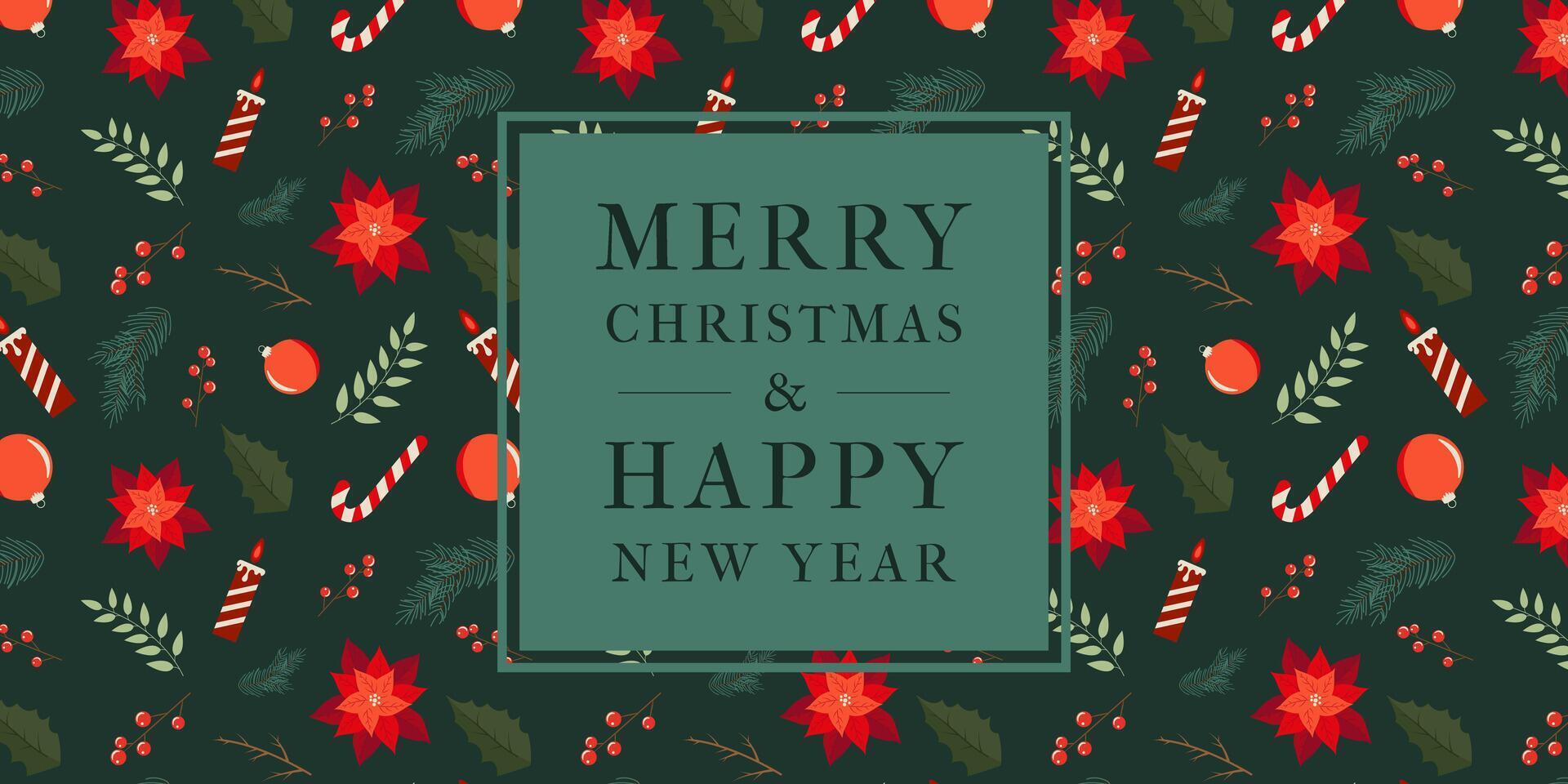 Happy New Year and Merry Christmas Modern Banner with Trendy Typography and Pattern on the Background. Bright Xmas Template in New Year Red Green Colors. Design Concept Illustration for Web. vector