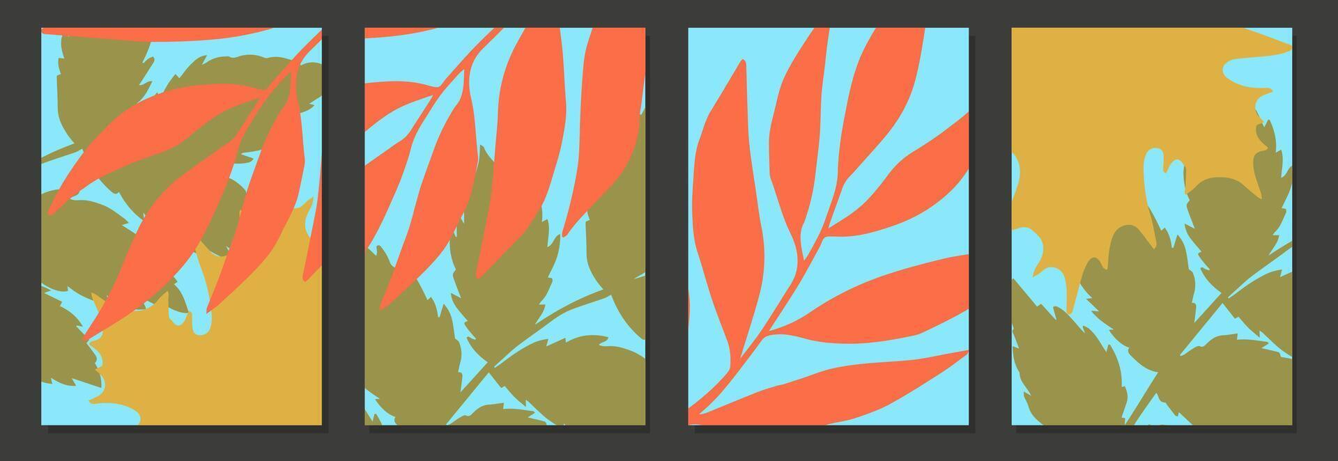 Collection Modern Autumn Posters Template with Vibrant Leaves and Branches. Trendy Fall Season Cards in flat style for Banners, Sales, Social Media, Invitations, Greeting, Cover, flyer, advertising. vector