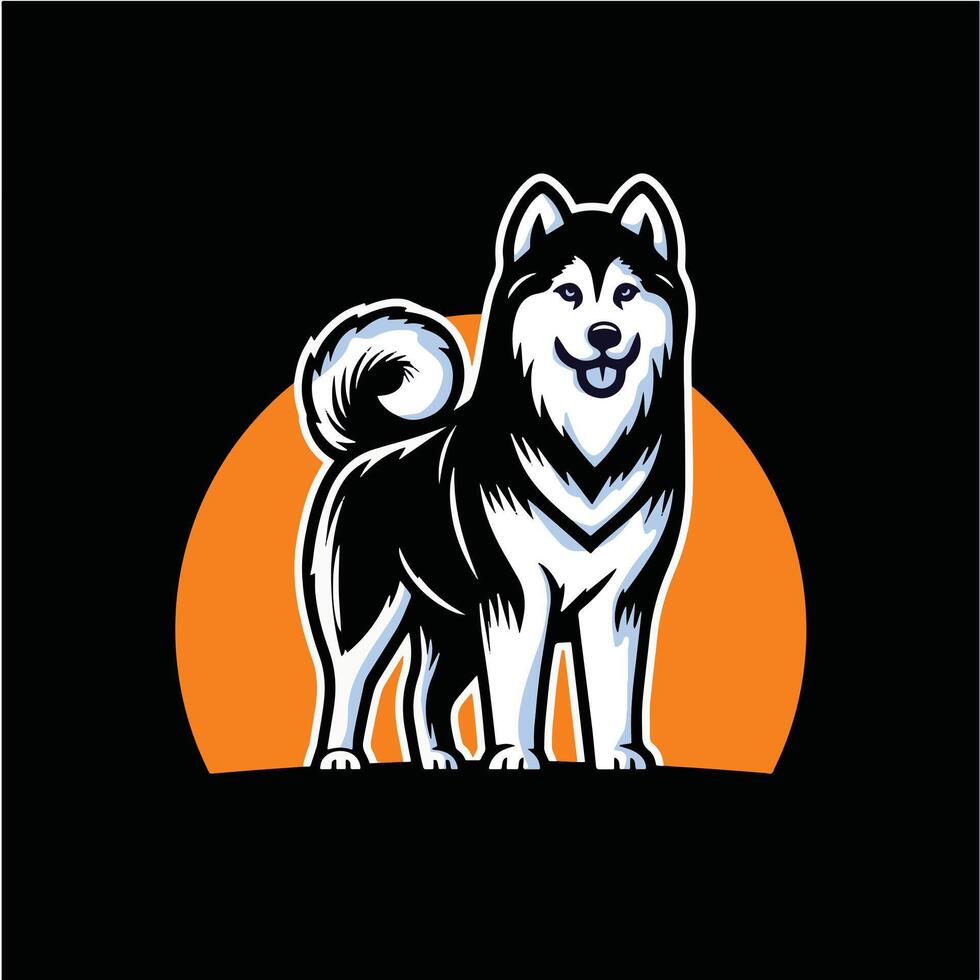 cool Siberian Husky Dog stand positition in front of orange sun and black background. Can Use as Logo vector