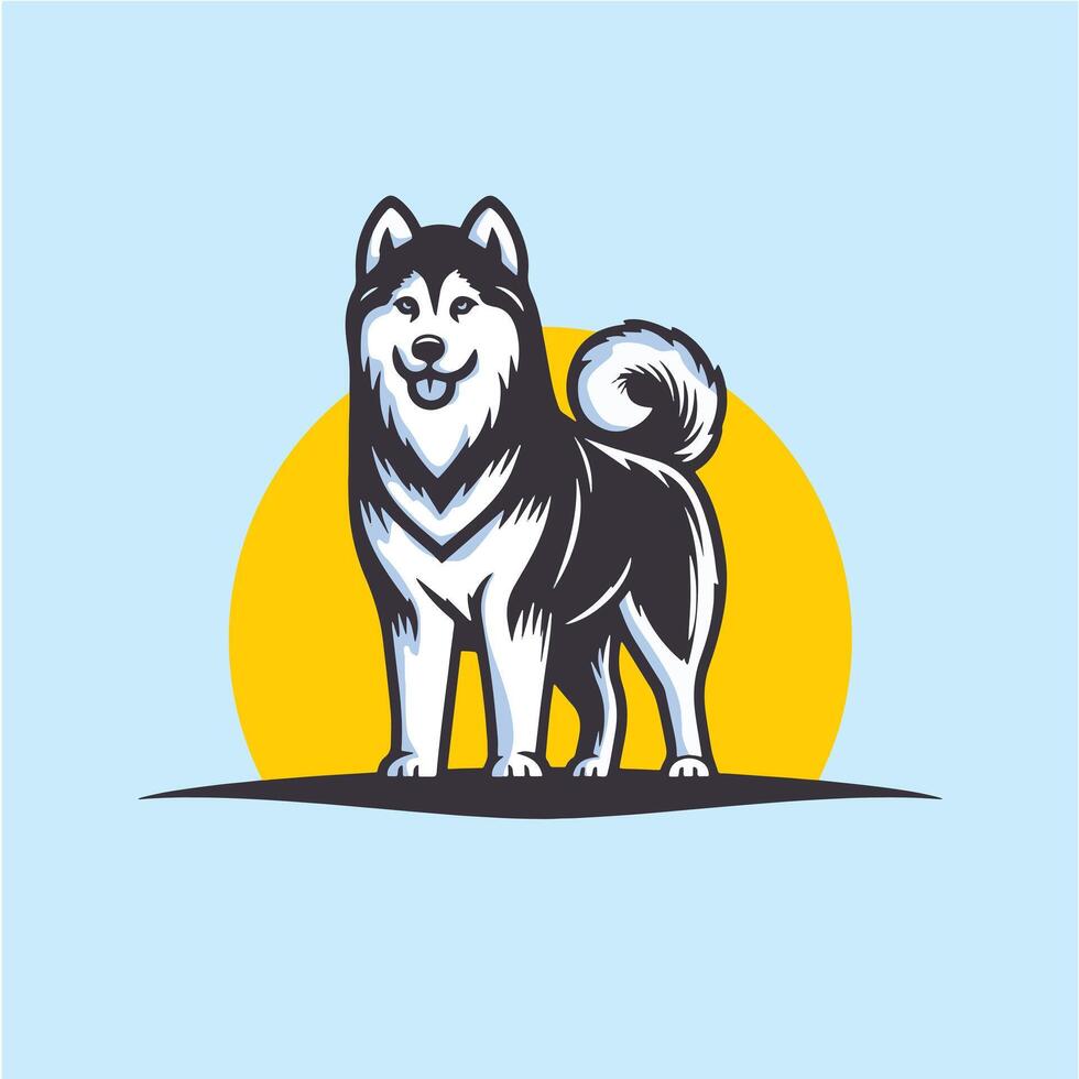 Male Siberian Husky Dog stand position, in front of orange sun and blue background. Can Use as Logo vector