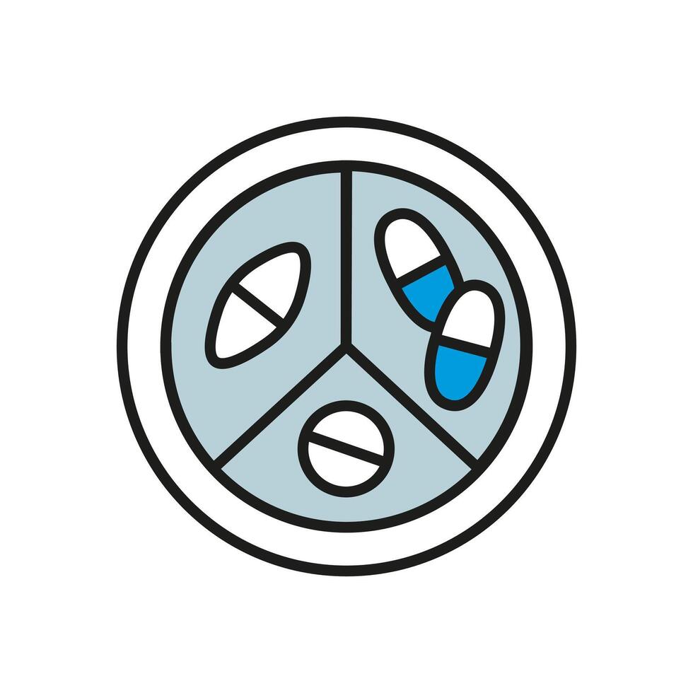 Pill container with dose sectors. Round box medical preparations. Container capsules. Pillbox, case. Jar for medicines. Handful vitamins. Storage antibiotic. Isolated. Flat style. illustration vector