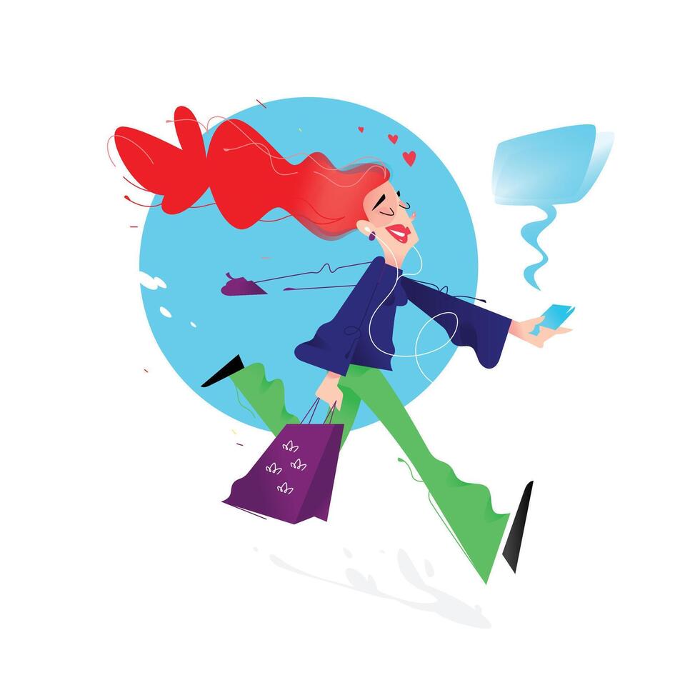 Illustration of a cute girl with shopping. Cute red-haired girl is running with phone and packages. Image is isolated on white background. Flat illustration for print and website. vector
