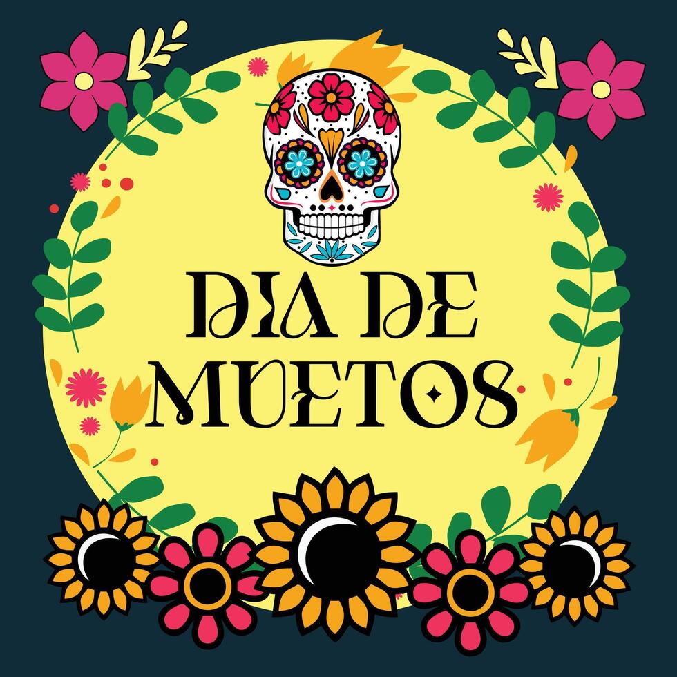 dead of the day banner design and dia de muetos banner design with black color or Illustration of mexican sugar skull color full and flowers background vector
