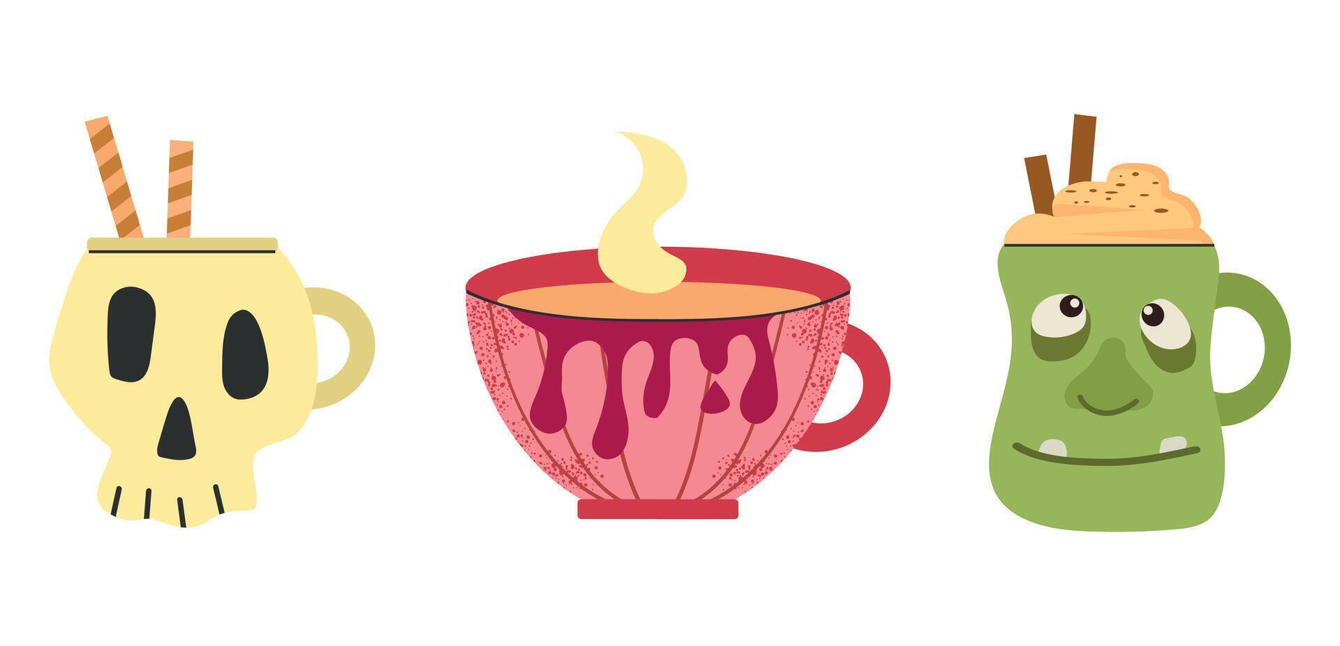 Halloween set collection with cups coffee, hot chocolate, tea, pumpkin latte isolated on white vector