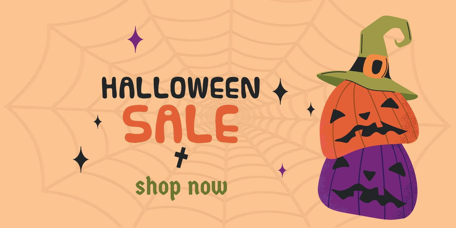 Halloween horizontal sale shop now banner with spider web pumpkins and witch hat on orange background vector