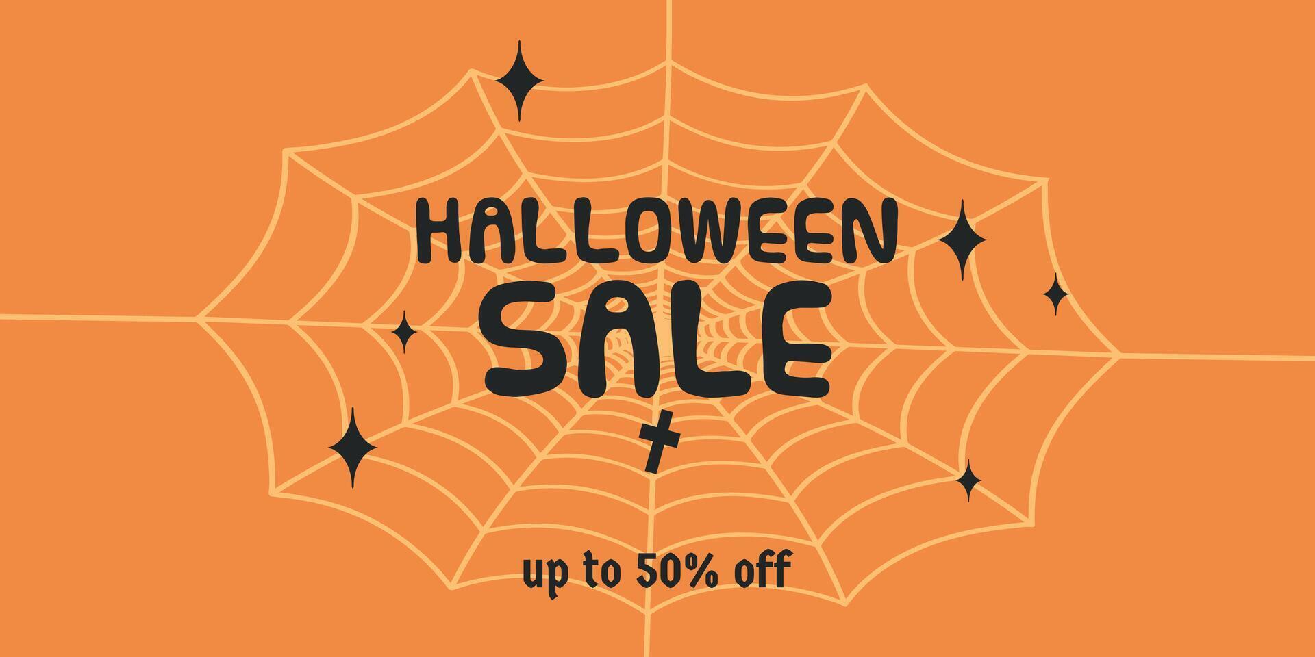 Halloween horizontal sale 50 off banner with spider webon orange background vector