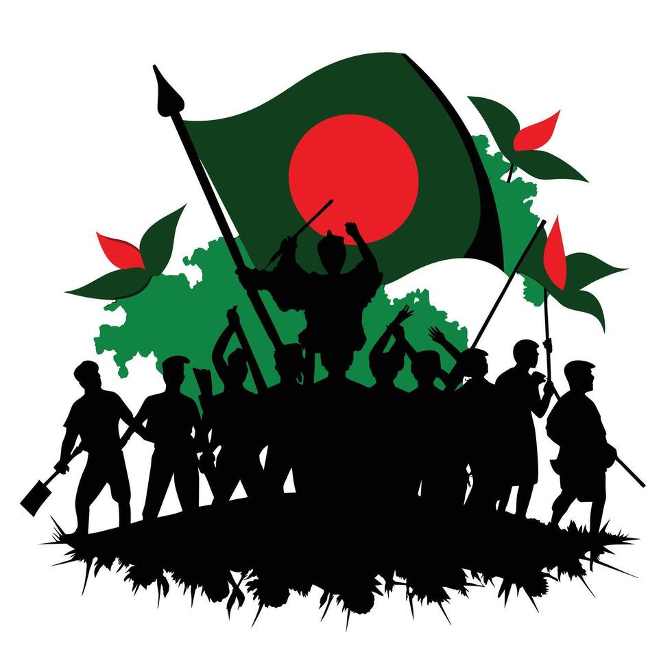 A silhouette illustration of people holding flags, with the Bangladeshi flag in the background vector