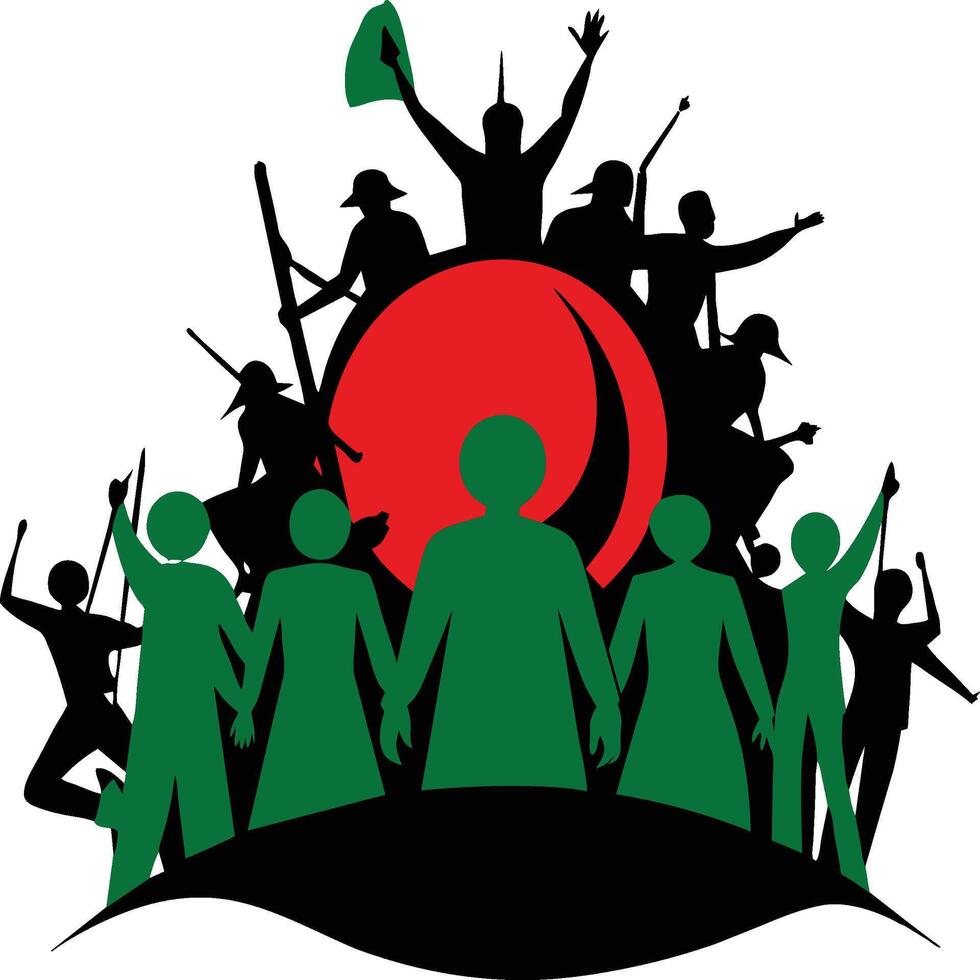 An artistic depiction of the Bangladeshi flag with people celebrating independence, showing unity and patriotism vector