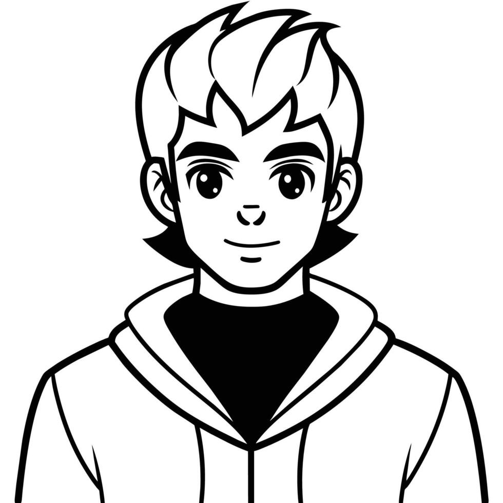 A black and white illustration of a young man with short, spiky hair, wearing a hoodie. vector