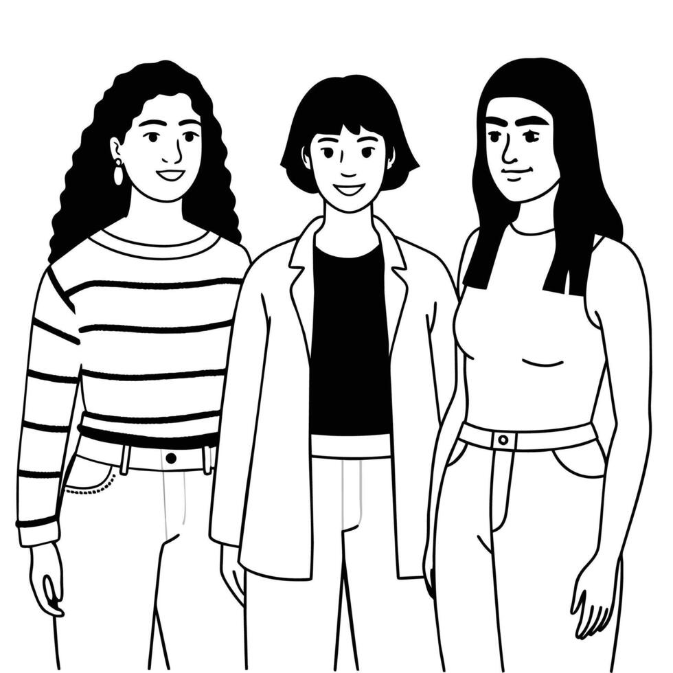 A black and white line drawing of three young women, each with a distinct style. They are standing close together, suggesting friendship or camaraderie. vector