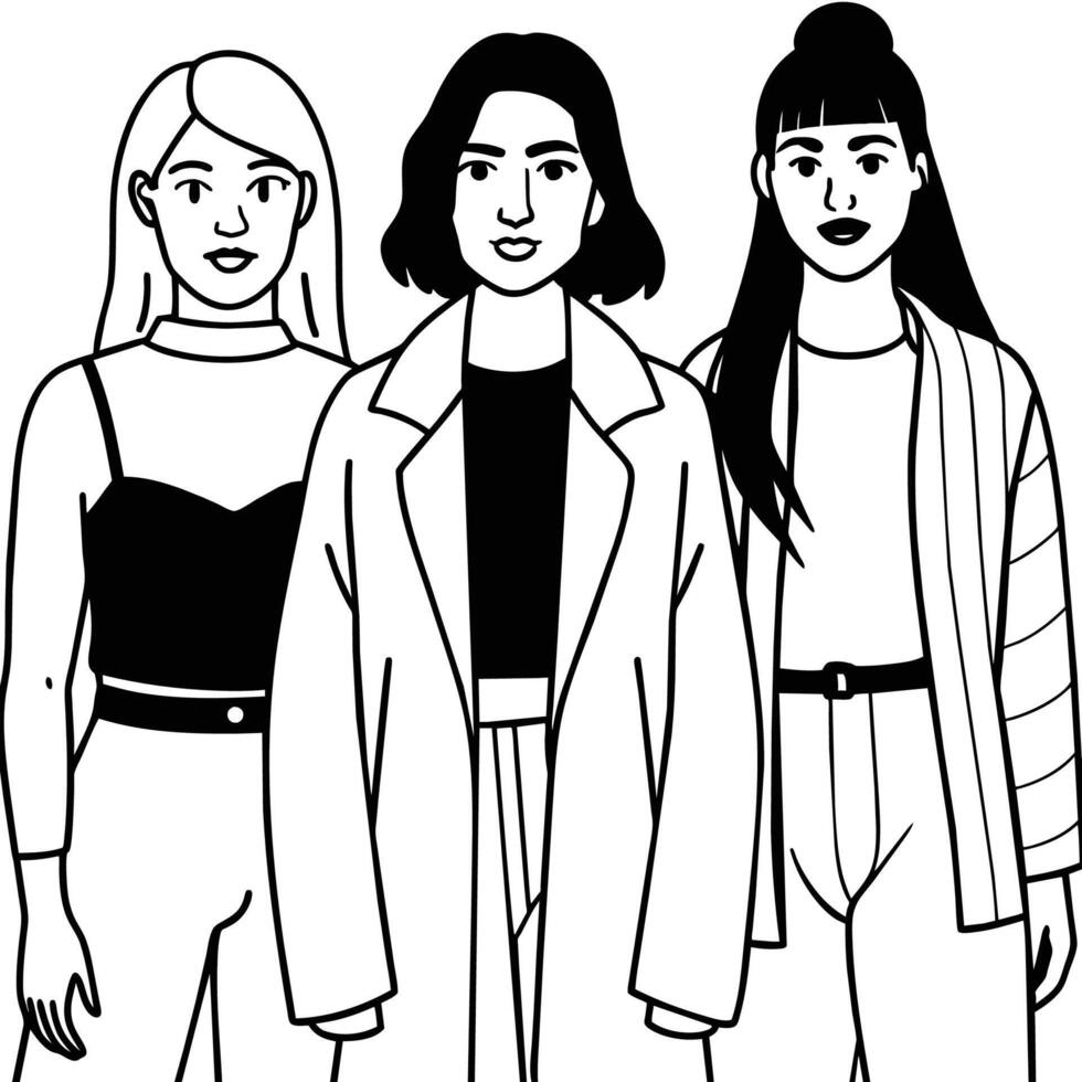 A simple illustration of three young women wearing modern outfits. vector