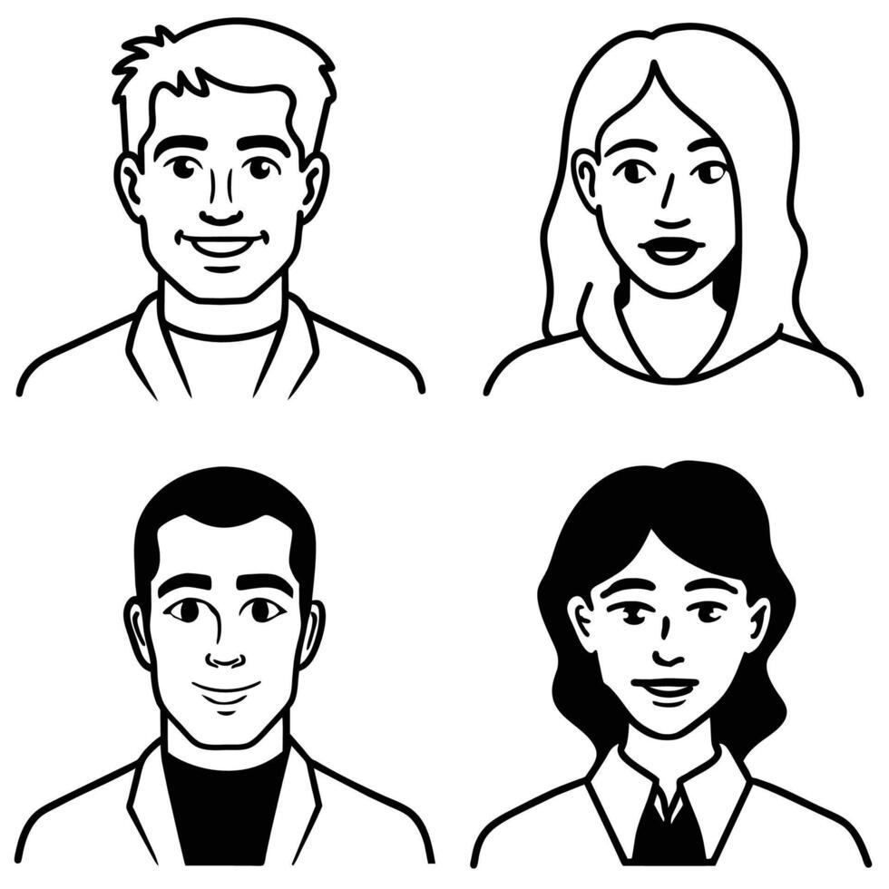 Four pop art style character illustrations. Two male and two female characters are isolated on a white background. vector