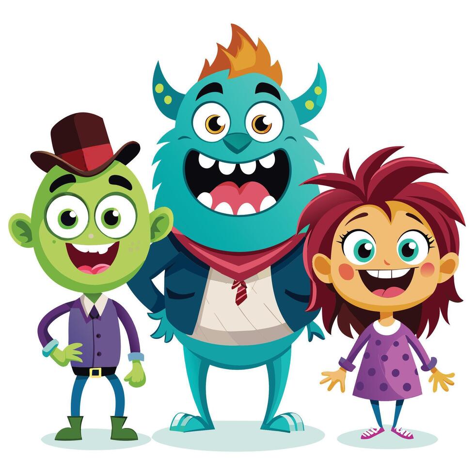 A trio of cartoon mascots with exaggerated features and wide smiles stand together in a playful pose. vector