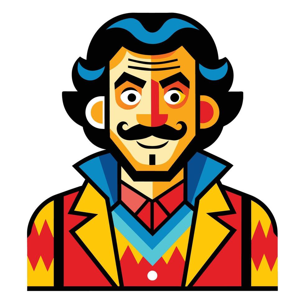 A colorful pop art illustration of a man with a mustache and a smile, isolated on a white background. vector