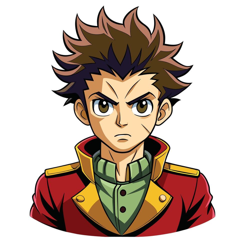 A close-up illustration of a manga character with spiky brown hair wearing a red jacket with yellow trim. He has a serious expression and is looking directly at the viewer. vector