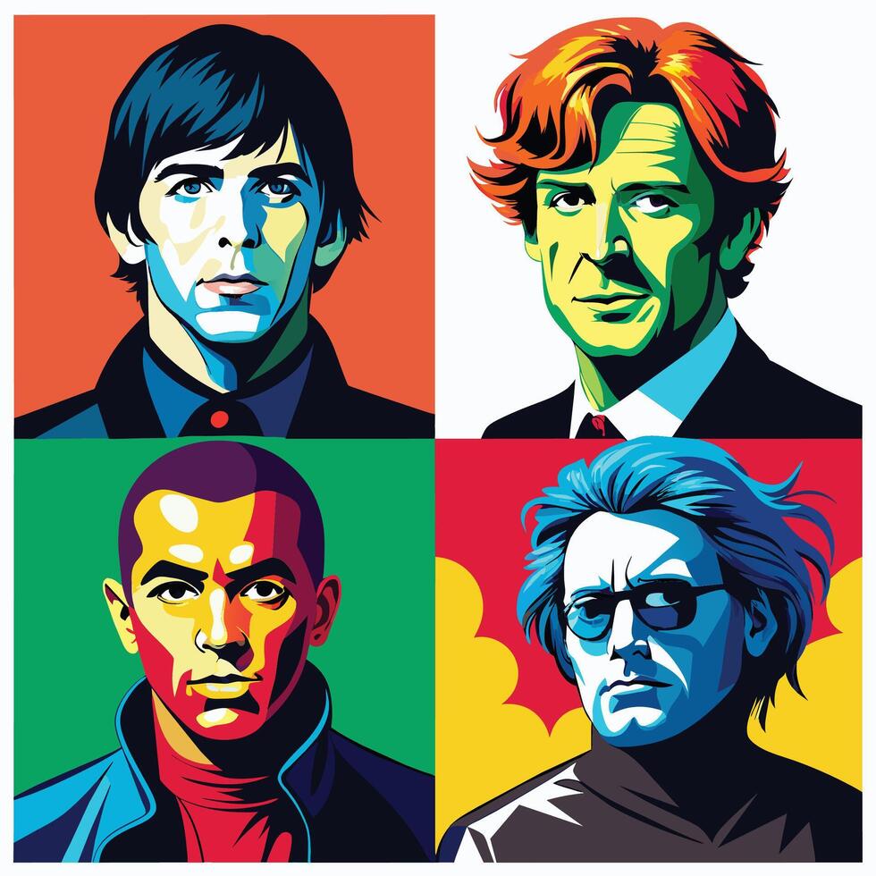 A pop art illustration of four men, each in a different colored square, on a white background. vector