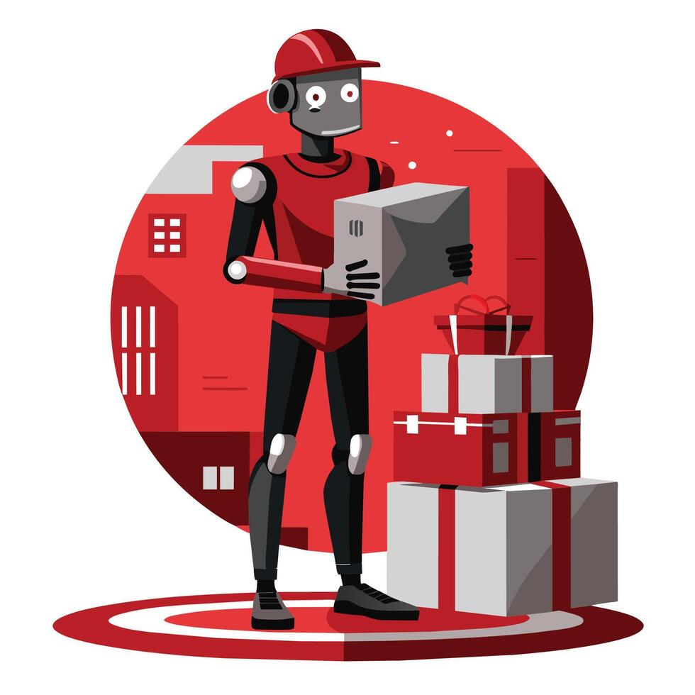 Futuristic delivery robot with red suit and hard hat stands on platform holding cardboard package, surrounded by gifts with red cityscape background. vector