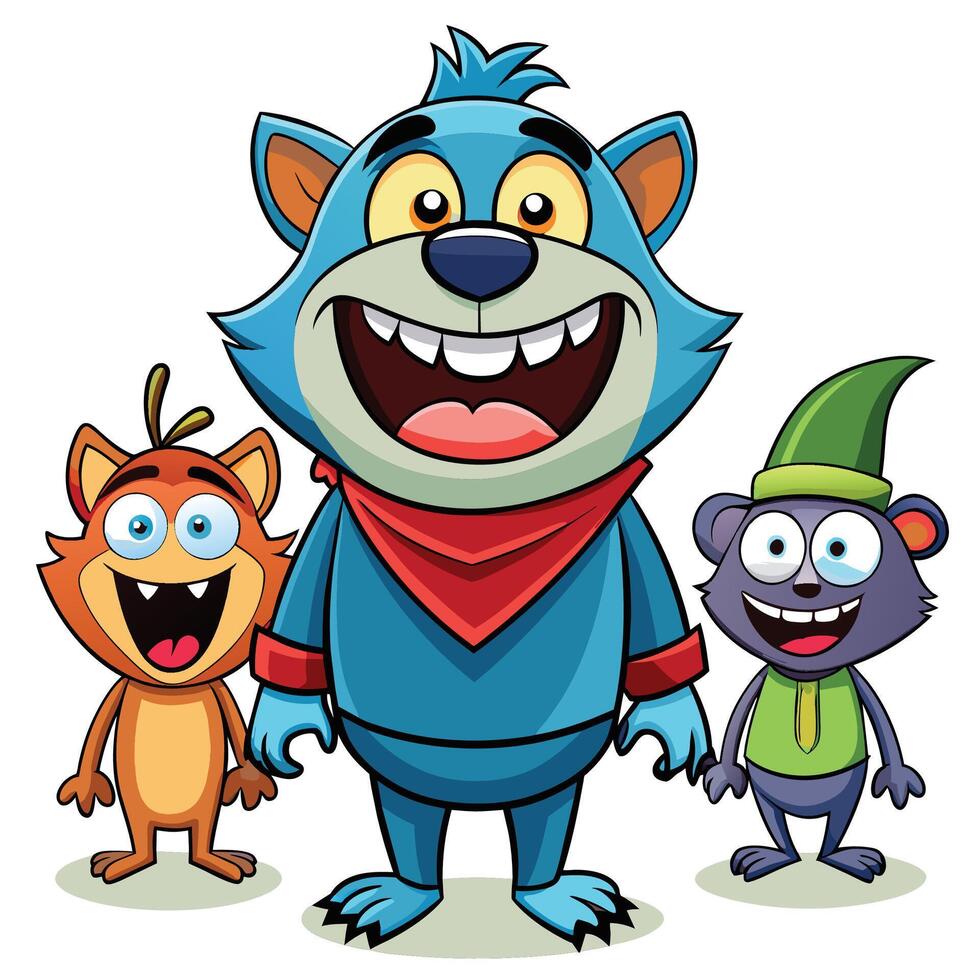 This image features three cartoon mascot characters with exaggerated features, large eyes, and wide smiles. The characters are isolated on a white background. vector