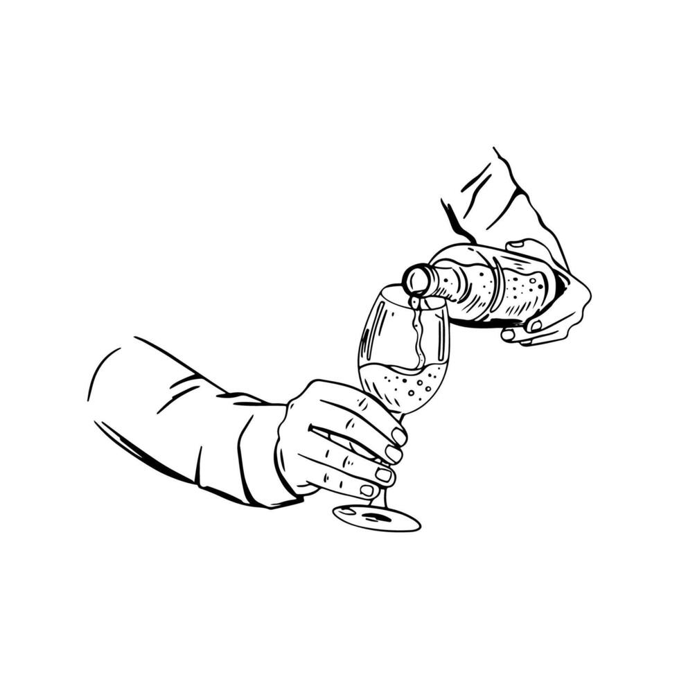 Outline illustration of bartender pouring wine from bottle into glass vector
