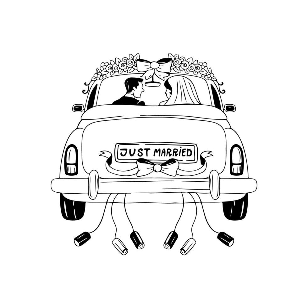 Outline illustration of just married car vector