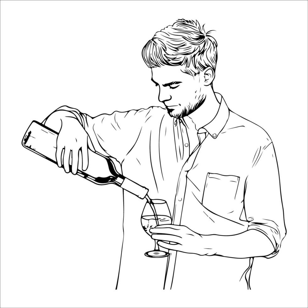 a man with a glass pouring wine outline illustration vector