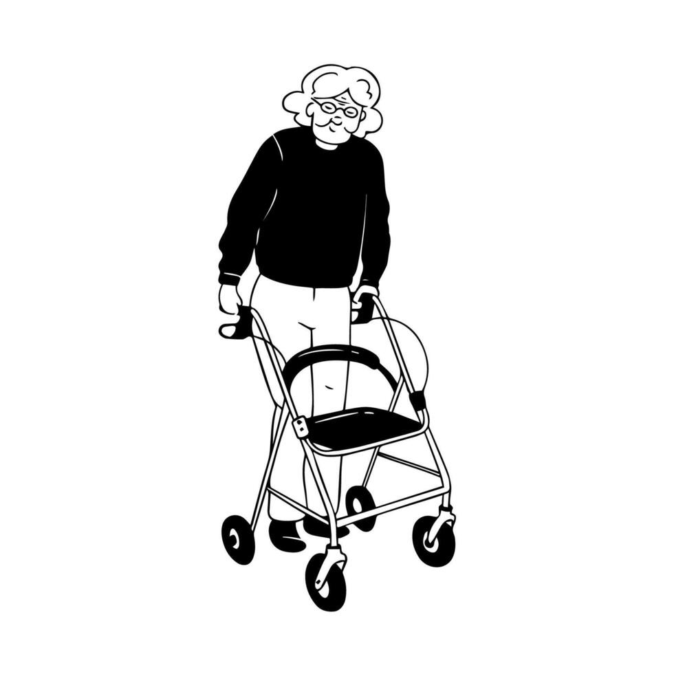 Elderly woman rollator wheeled walker vector