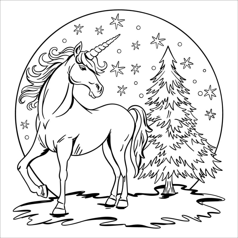 Hand drawn illustration of unicorn with Christmas tree. Coloring page for kids vector