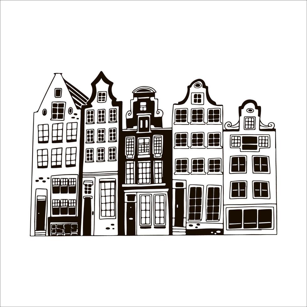 Hand drawn houses facades in a row, Amsterdam outline illustration vector