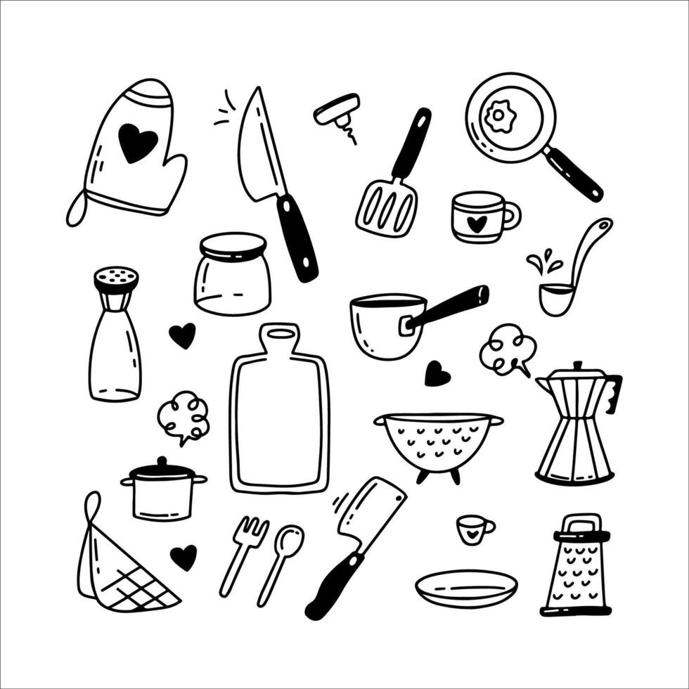 outline illustration of shelf with kitchen utensils vector