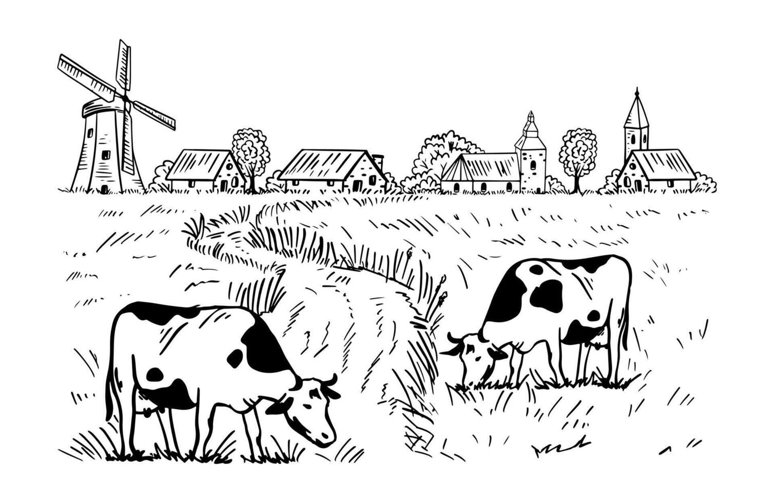 Outline illustration of cows grazing in a field. vector