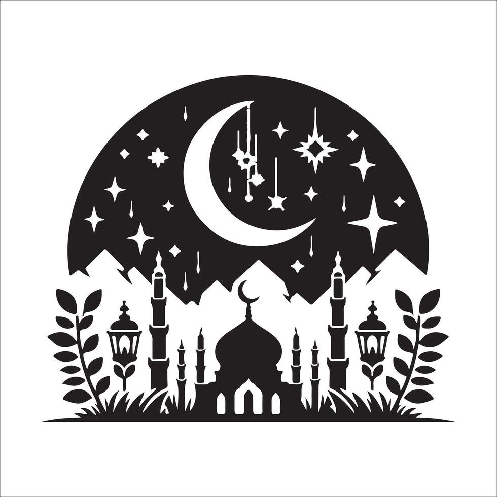Ramadan Kareem Logo Crescent and Lanterns with Black Mosque Silhouette vector