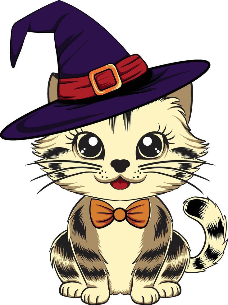 a cat wearing a witch hat with a bow on it vector