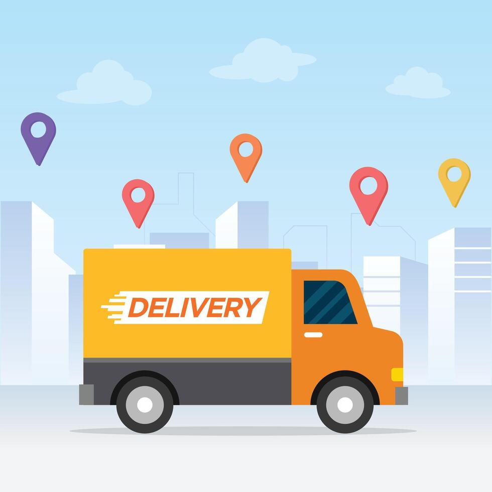 Delivery service truck on map. Online app tracking, city background vector
