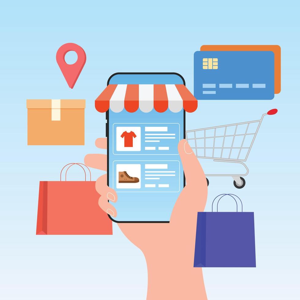 Online shopping smartphone. Hand with phone, shopping app with shopping bag, trolley and debit card vector