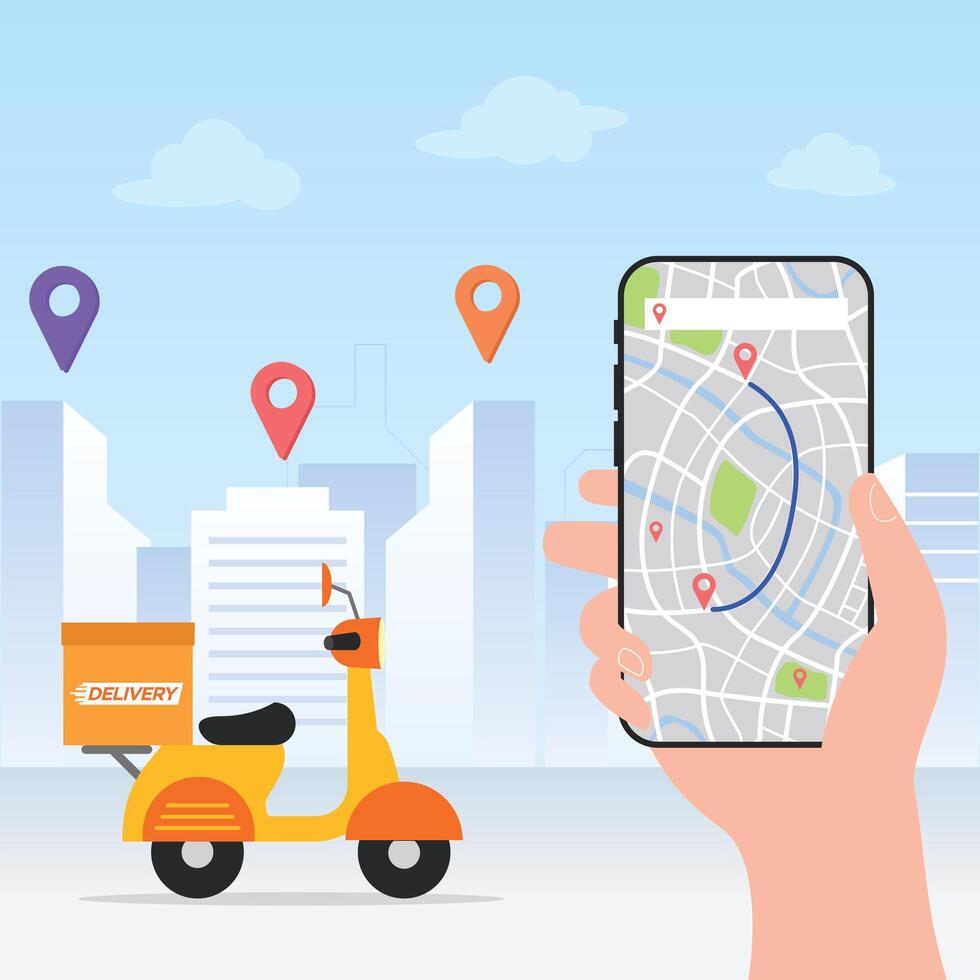 Delivery service motorcycle on map. Online app tracking, city background vector