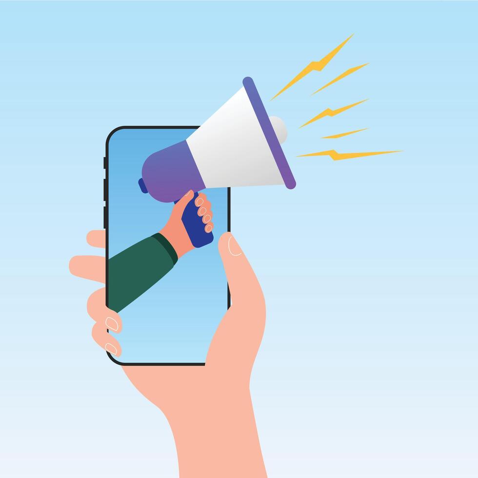 Social media ads megaphone speaker or loudspeaker promotion, megaphone with mobile and social media vector
