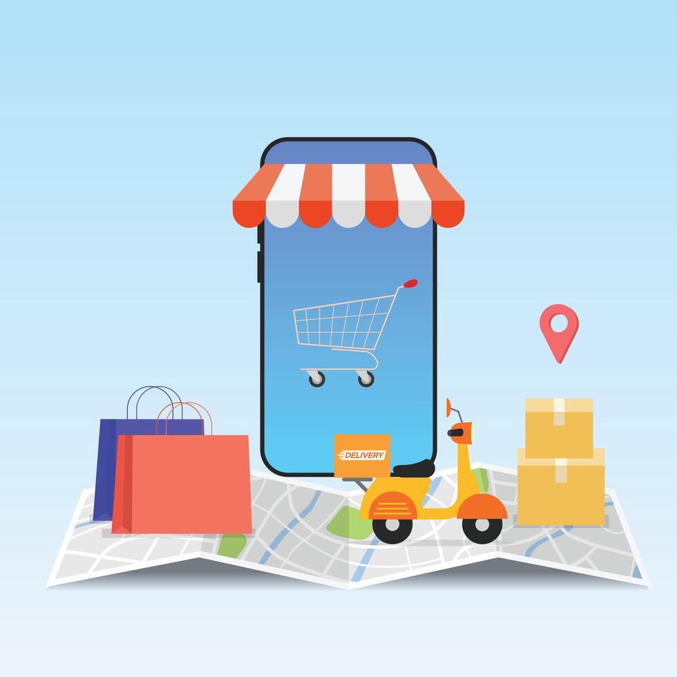 Online shopping smartphone. on map delivery route, shopping app with shopping bag, trolley and motorcycle vector