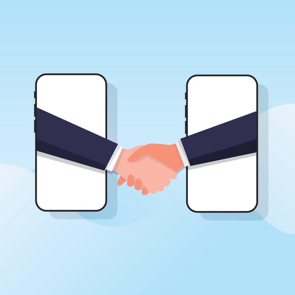 Handshaking on smartphone concept. Online Communication, two business man handshake on mobile, Businesspersons shaking hands through display of a phone. vector