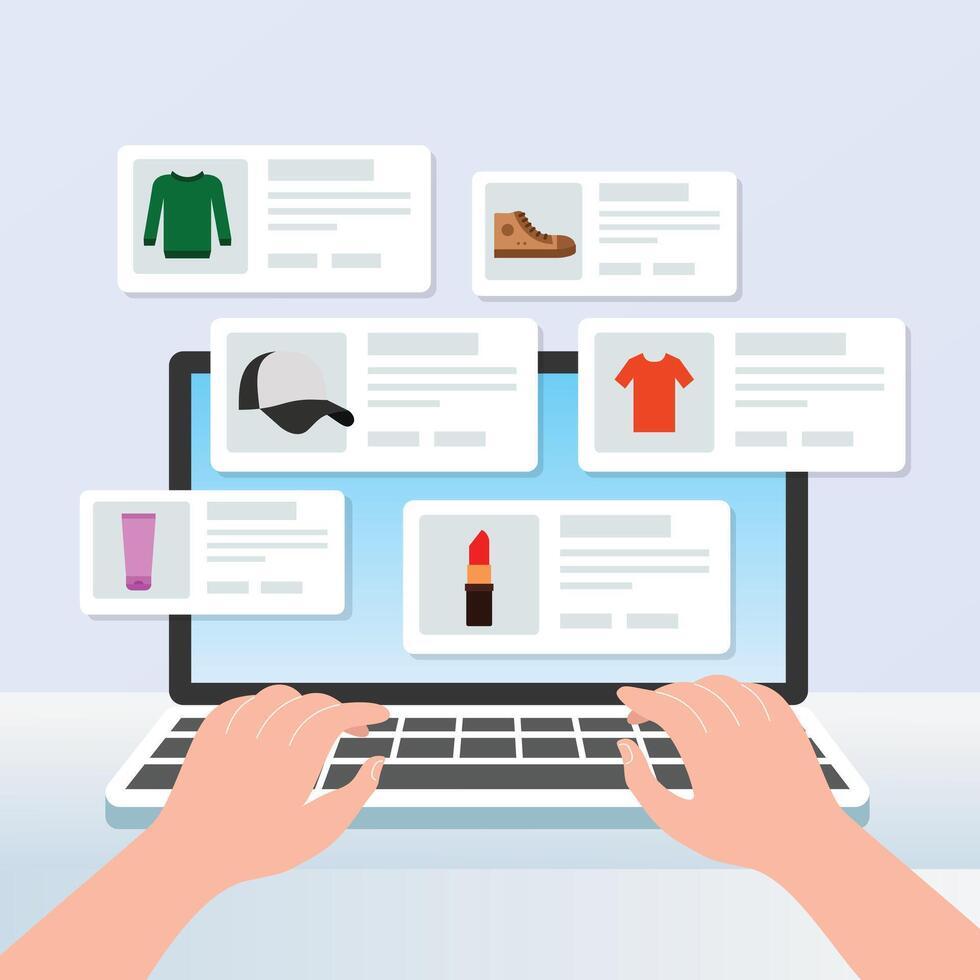 Man typing on the laptop shopping online. Online shopping concept. illustration vector