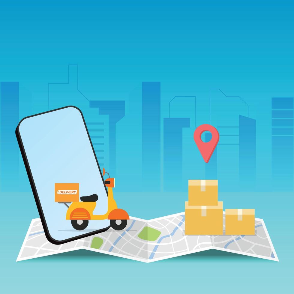 Delivery service motorcycle on map. Online app tracking, city background vector