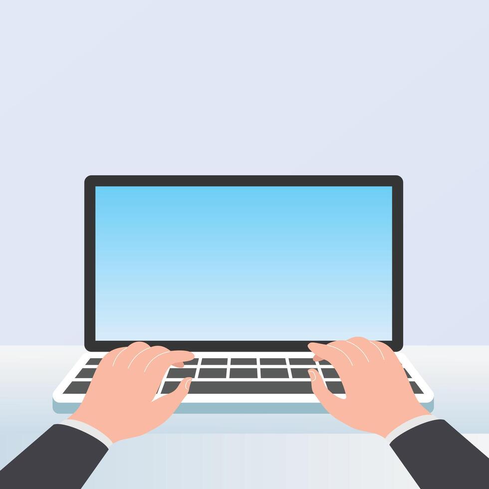 Hands typing on laptop keyboard. Working on laptop. Notebook blank screen vector