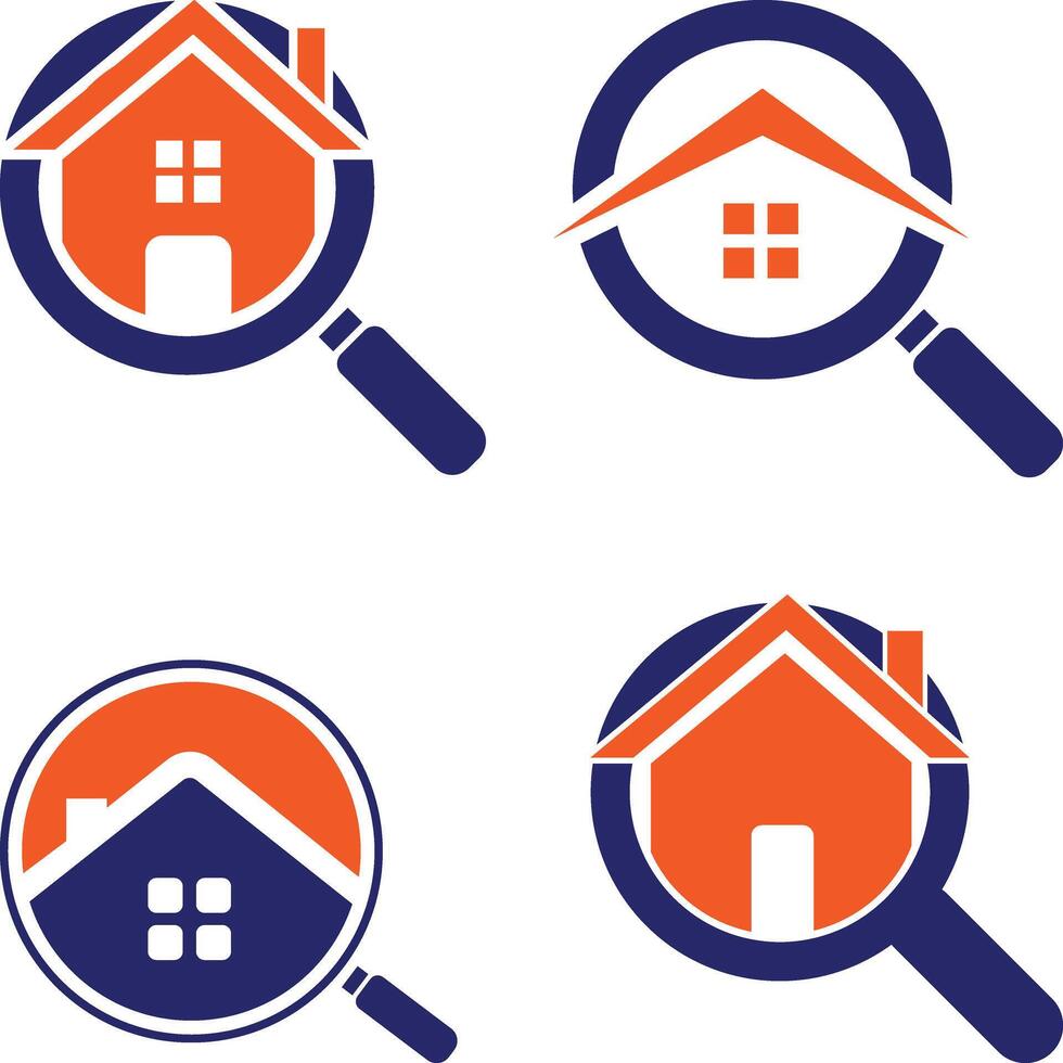 real estate magnifier logo set with magnifier and house icons vector