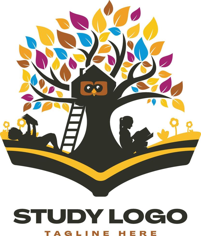 Studying under tree logo design on book icon with owl illustration vector