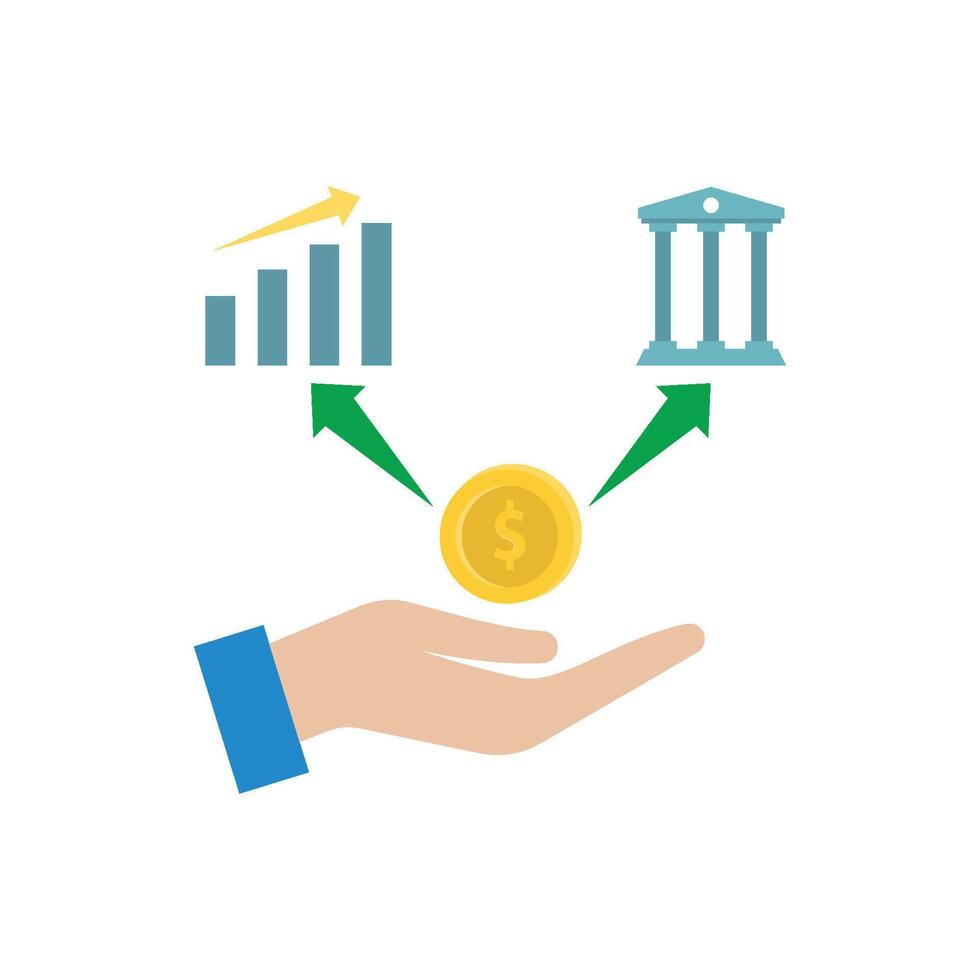 Hand holding gold coin with arrows pointing to bar graph and building vector